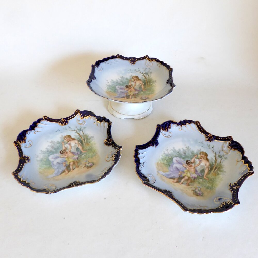 VINTAGE 9” VICTORIAN STYLE PORCELAIN PEDESTAL SERVING PLATE CENTERPIECE SET